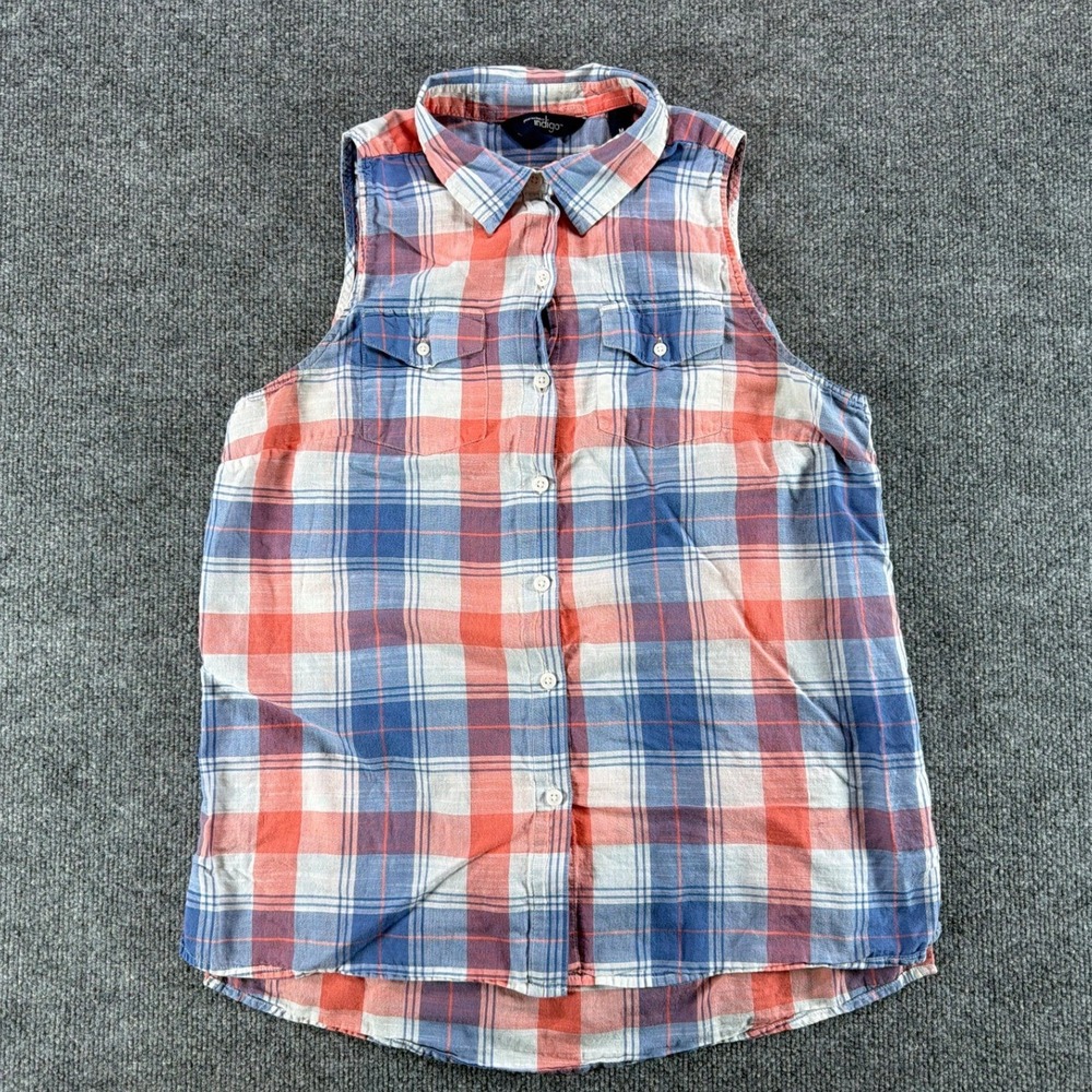 Great Northwest Indigo Womens Blue Coral Plaid Sleeveless Button Down Shirt M